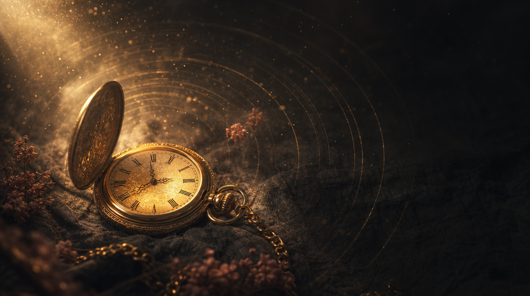 A vintage antique pocket watch open on dark linen, glowing in golden mist with concentric sound-wave ripples