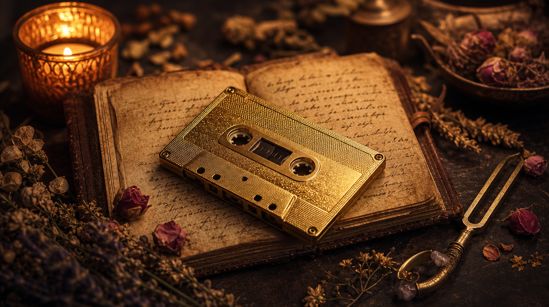 Vintage gold cassette reel on an open leather journal — the audio plus companion PDF