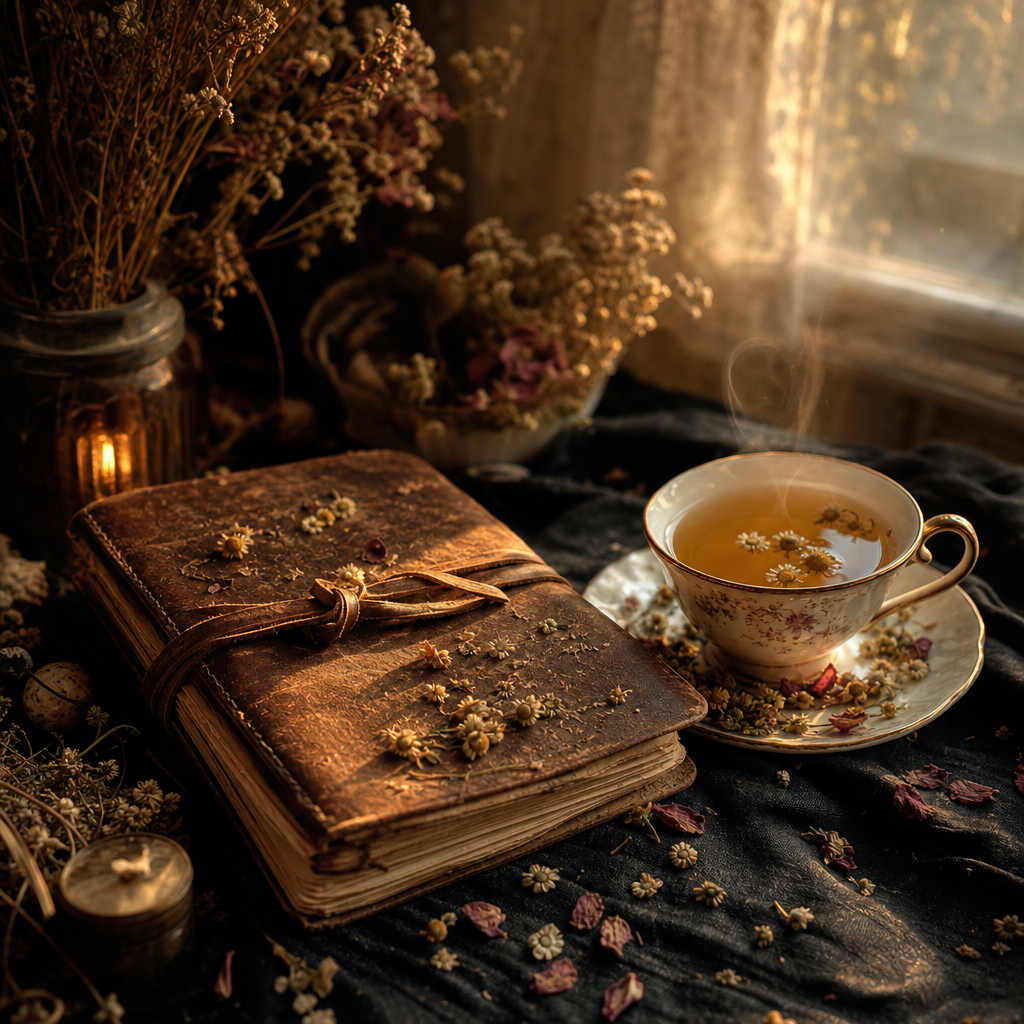 Leather journal and golden tea in soft afternoon light — after too much screen time