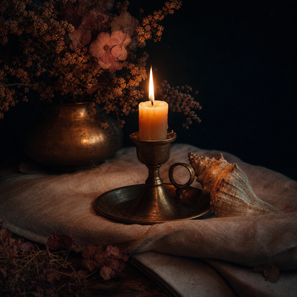 Burning beeswax candle in moonlight on linen — before sleep