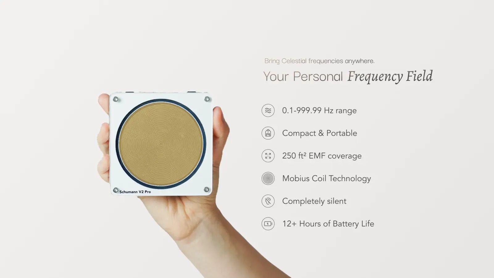 The Schumann V2 Pro held in hand — Mobius coil device with feature overview
